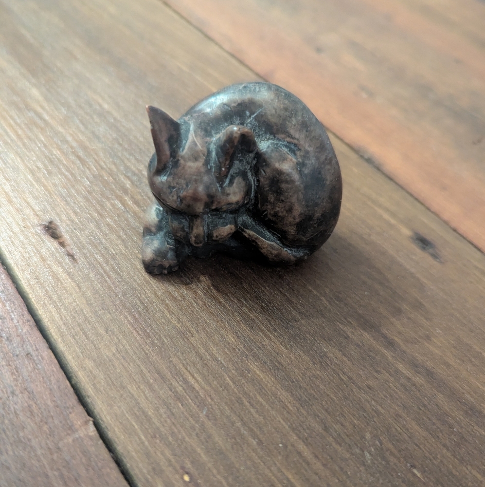 Vintage Stone Carved Curled Up Sleeping Cat Figurine - Copper/Bronze Colored